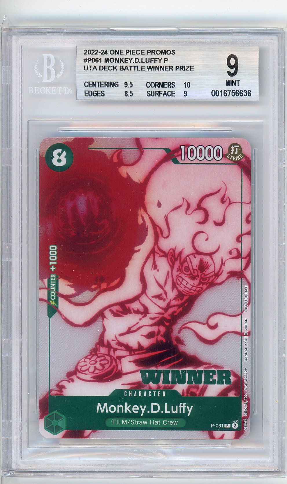 Monkey.D.Luffy Uta Event Winner Stamp P-061 BGS 9 One Piece