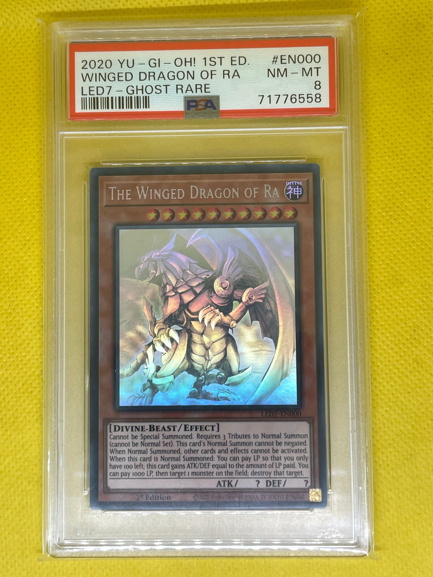 The Winged Dragon of Ra LED7-EN000 Ghost Rare 1st Edition PSA 8