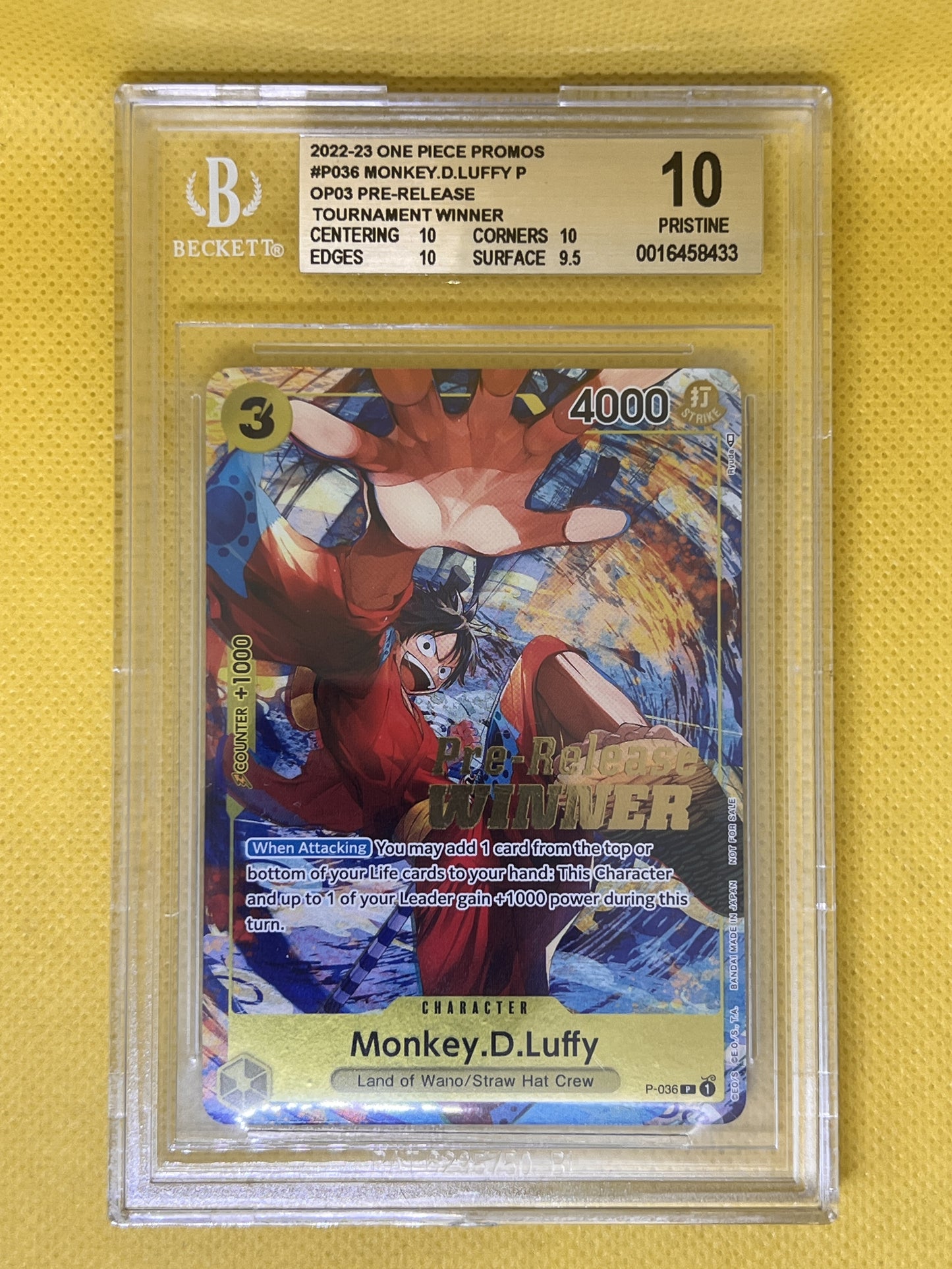 Monkey.D.Luffy P-036 OP-04 Pre-Release Winner  BGS 10